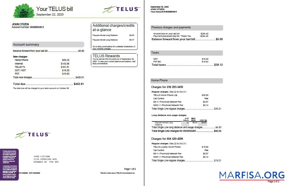 Downloadable Canada Telus utility bill template in Word and PDF formats, 2 pages, version 3